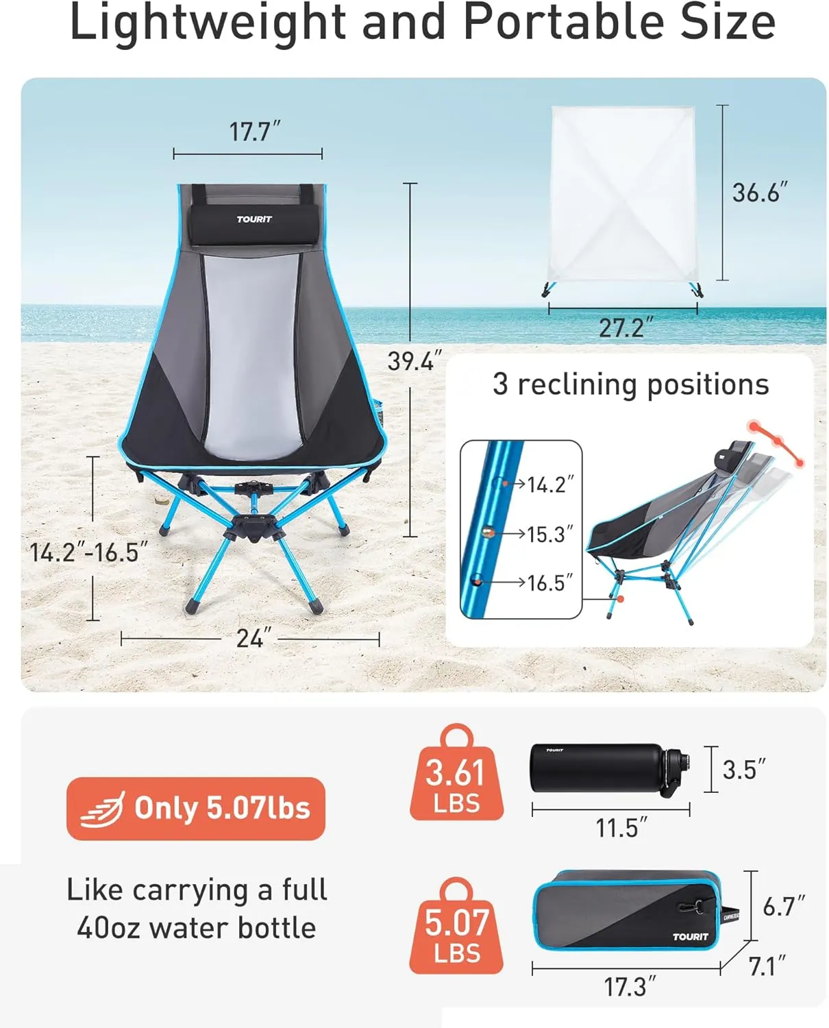 TOURIT Folding Beach Chair with Sunshade, Portable Camping Backpack Chair with Head Support, Low Profile, Lightweight High Back Design for Adults, UPF 50  Sun Protection, Supports 380 lbs, Black