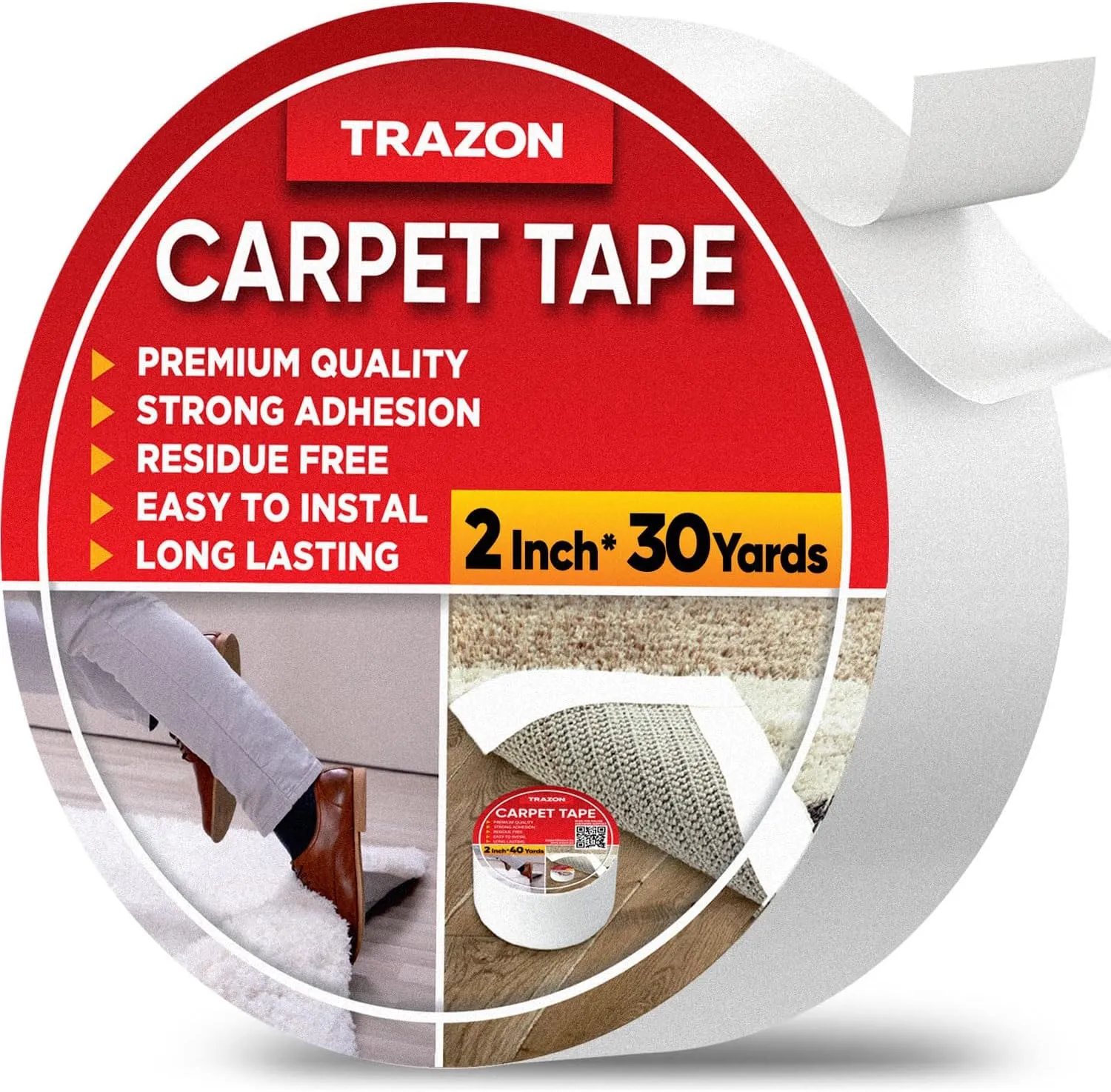 Trazon Carpet Tape Double Sided - Rug Tape Grippers for Hardwood Floors and Area Rugs - Carpet Binding Tape Strong Adhesive and Removable, Heavy Duty Stickers Tape, Residue Free (2 Inch / 30 Yards)