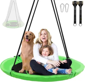 Tree Swing, Saucer Flying Swings for Kids, Round Disc Circle Swing-with Capacity Waterproof Fabric Hanging Straps Tent for Kids Backyard Garden Outdoor (Green, 43'')
