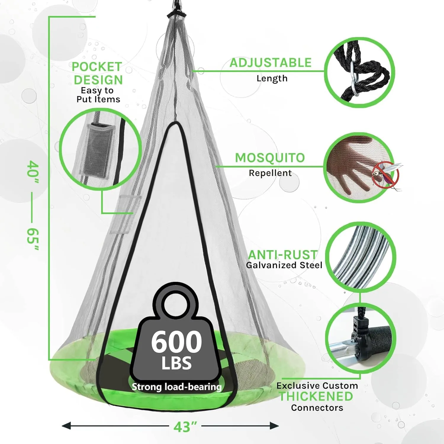 Tree Swing, Saucer Flying Swings for Kids, Round Disc Circle Swing-with Capacity Waterproof Fabric Hanging Straps Tent for Kids Backyard Garden Outdoor (Green, 43'')