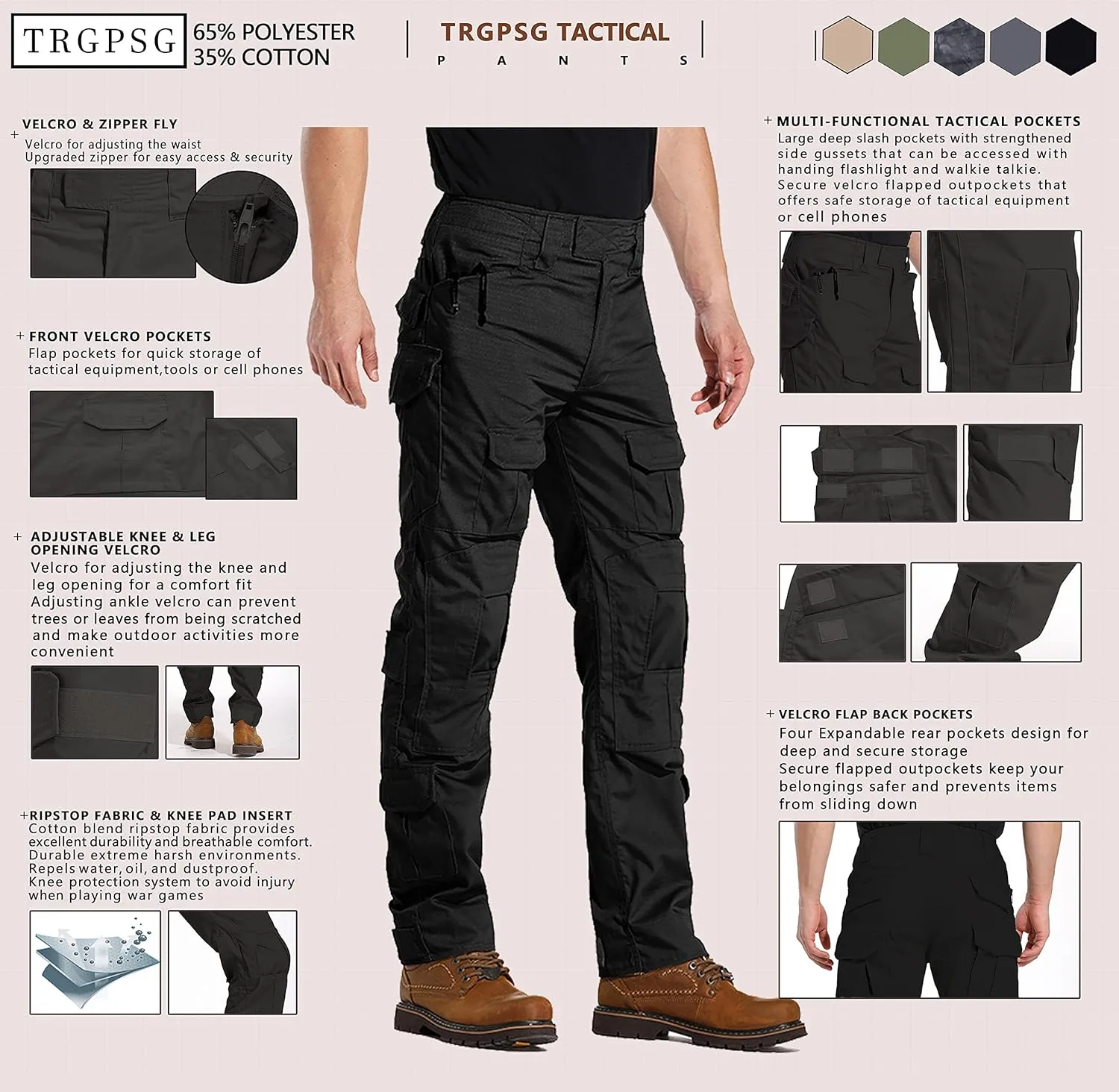 TRGPSG Men's Hiking Pants, Ripstop Camo Cargo Pants, Multi-Pocket Casual Work Pants