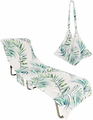 Tropical Green Thin Leaves Filling Chaise Lounger Cover with Pockets, Pool Lounge Chair Covers 85"x29", Beige Microfiber Beach Chair Cover for Outdoor Patio Sunbathing