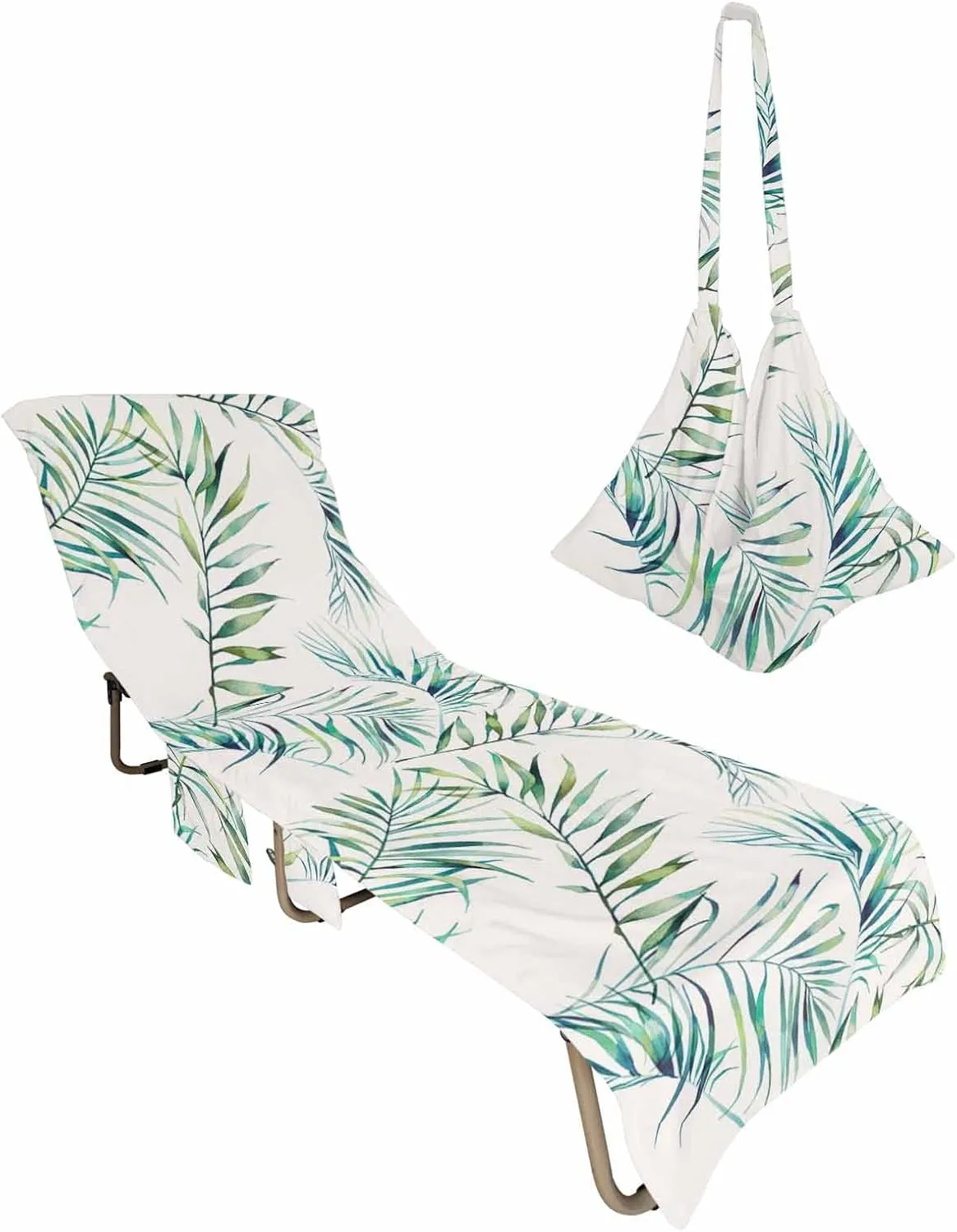 Tropical Green Thin Leaves Filling Chaise Lounger Cover with Pockets, Pool Lounge Chair Covers 85"x29", Beige Microfiber Beach Chair Cover for Outdoor Patio Sunbathing