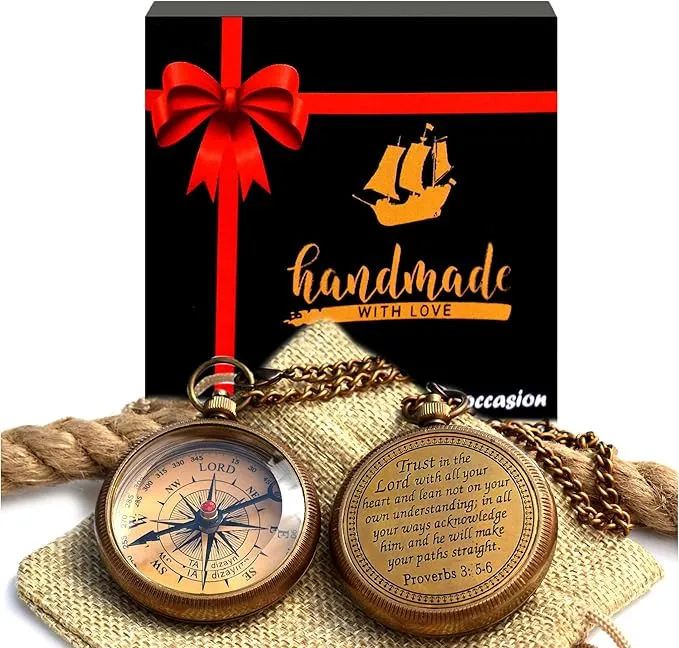 Trust in The Lord with All Your Heart -Proverbs 3: 5-6 Quote Engraved Compass with Wooden Box, Greeting card, Gift Compass, Graduation Day Gifts 2024 Compass for Women Mens Boy Girls