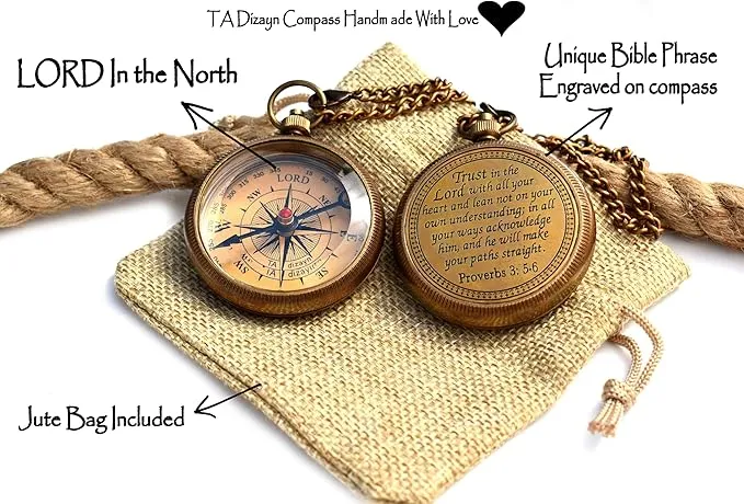 Trust in The Lord with All Your Heart -Proverbs 3: 5-6 Quote Engraved Compass with Wooden Box, Greeting card, Gift Compass, Graduation Day Gifts 2024 Compass for Women Mens Boy Girls