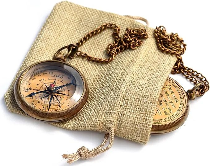 Trust in The Lord with All Your Heart -Proverbs 3: 5-6 Quote Engraved Compass with Wooden Box, Greeting card, Gift Compass, Graduation Day Gifts 2024 Compass for Women Mens Boy Girls