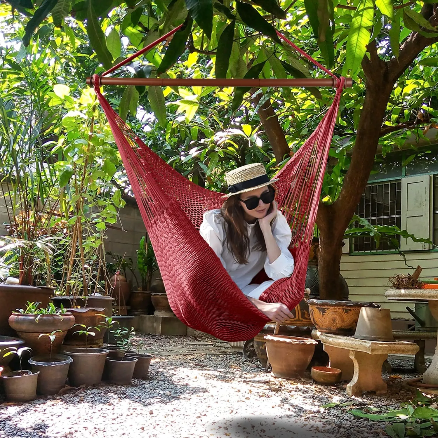 Upgraded Caribbean Hammock Chair with Detachable Metal Bar, Large Hammock Swing Chair, XL Rope Hanging Chair for Outdoor Indoor, 330 LBS Weight Capacity, FireBrick