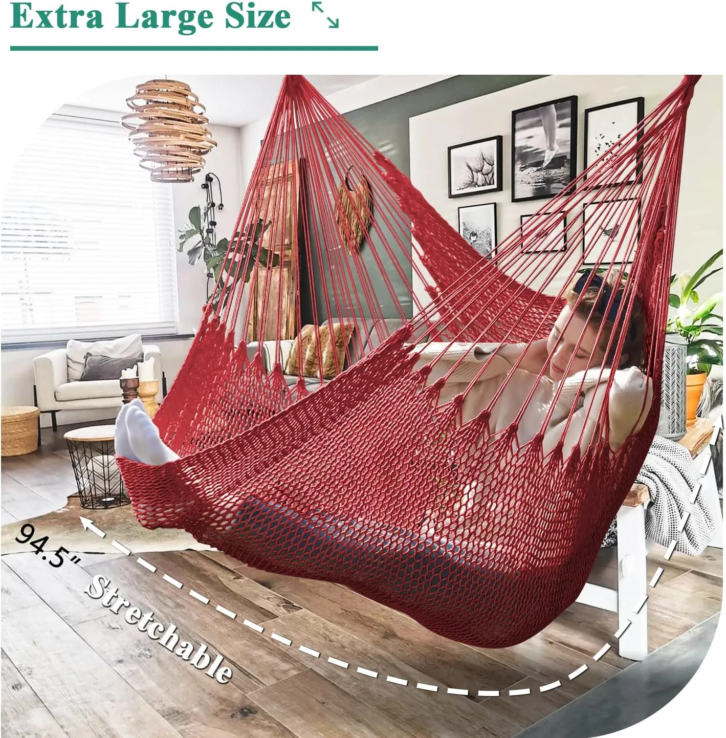 Upgraded Caribbean Hammock Chair with Detachable Metal Bar, Large Hammock Swing Chair, XL Rope Hanging Chair for Outdoor Indoor, 330 LBS Weight Capacity, FireBrick