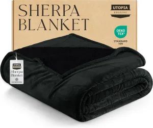 Utopia Bedding Sherpa Blanket Twin Size (Black, 90x66 Inches) - Soft Lightweight Plush Fleece Reversible Blanket for Bed, Sofa, Couch, Camping and Travel