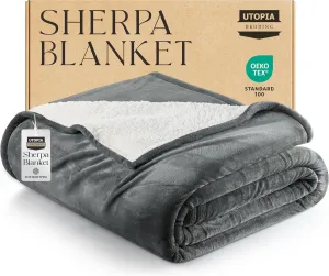 Utopia Bedding Sherpa Blanket Twin Size (Grey, 90x66 Inches) - Soft Lightweight Plush Fleece Reversible Blanket for Bed, Sofa, Couch, Camping and Travel