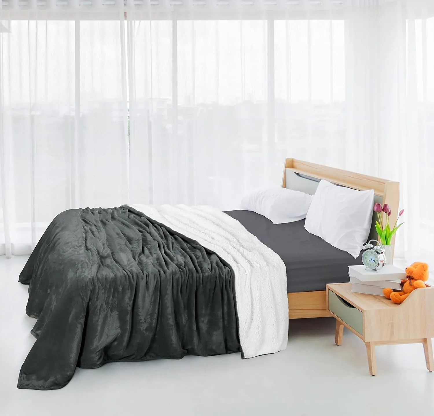 Utopia Bedding Sherpa Blanket Twin Size (Grey, 90x66 Inches) - Soft Lightweight Plush Fleece Reversible Blanket for Bed, Sofa, Couch, Camping and Travel