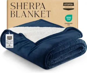Utopia Bedding Sherpa Blanket Twin Size (Navy, 90x66 Inches) - Soft Lightweight Plush Fleece Reversible Winter Blanket for Bed, Sofa, Couch, Camping and Travel