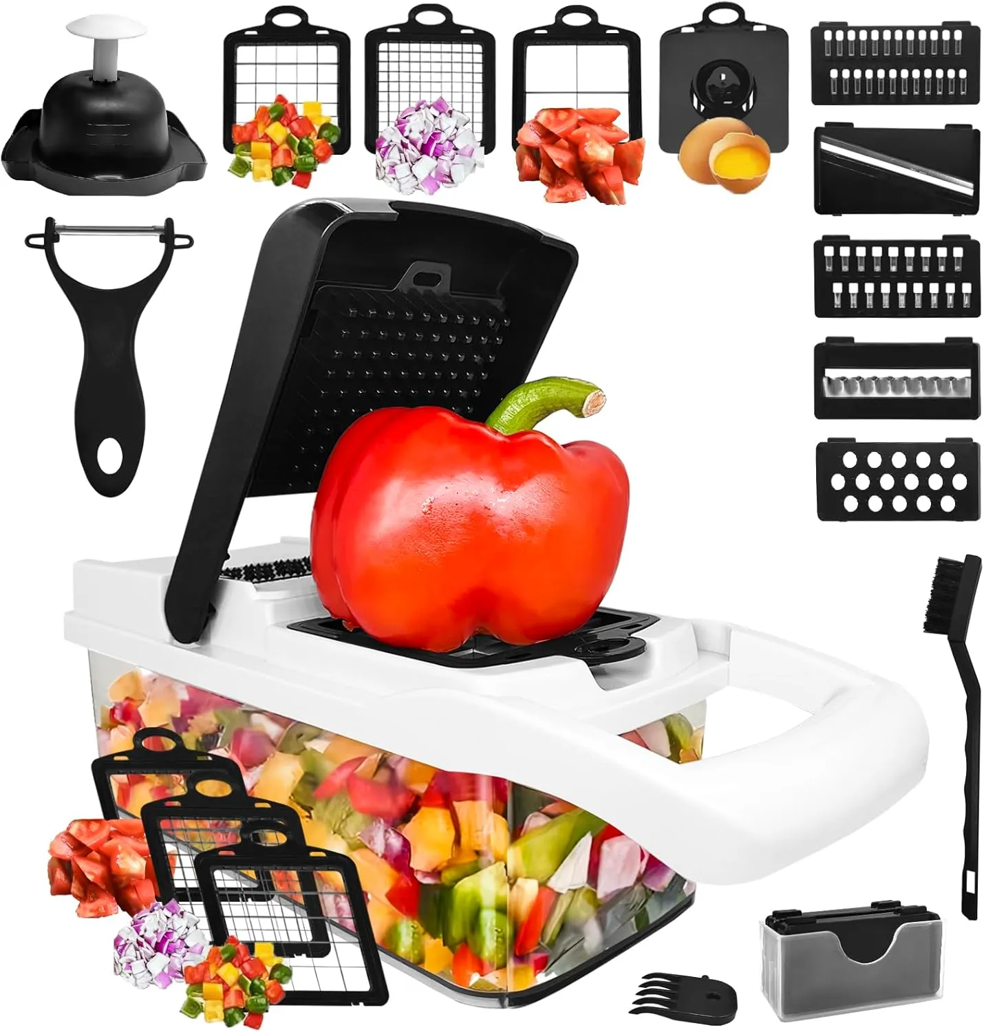 Vegetable Chopper With Container,Upgraded Multi 12-in-1 Mandoline Food Cutter and Cheese Grater,8 Blades Veggie Chopper,Fruit Cutter,Onion Slicer,Veggie Dicer,Salad Chopper,Premium Home Appliances