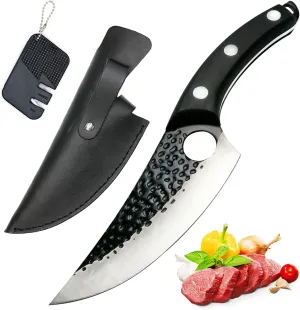 Viking Knife Hand Forged Boning Knife with Sheath & Pocket Knife Sharpener High Carbon Steel Meat Caveman Knife Multipurpose Chef Knives for Camping, Outdoor, Deboning, BBQ