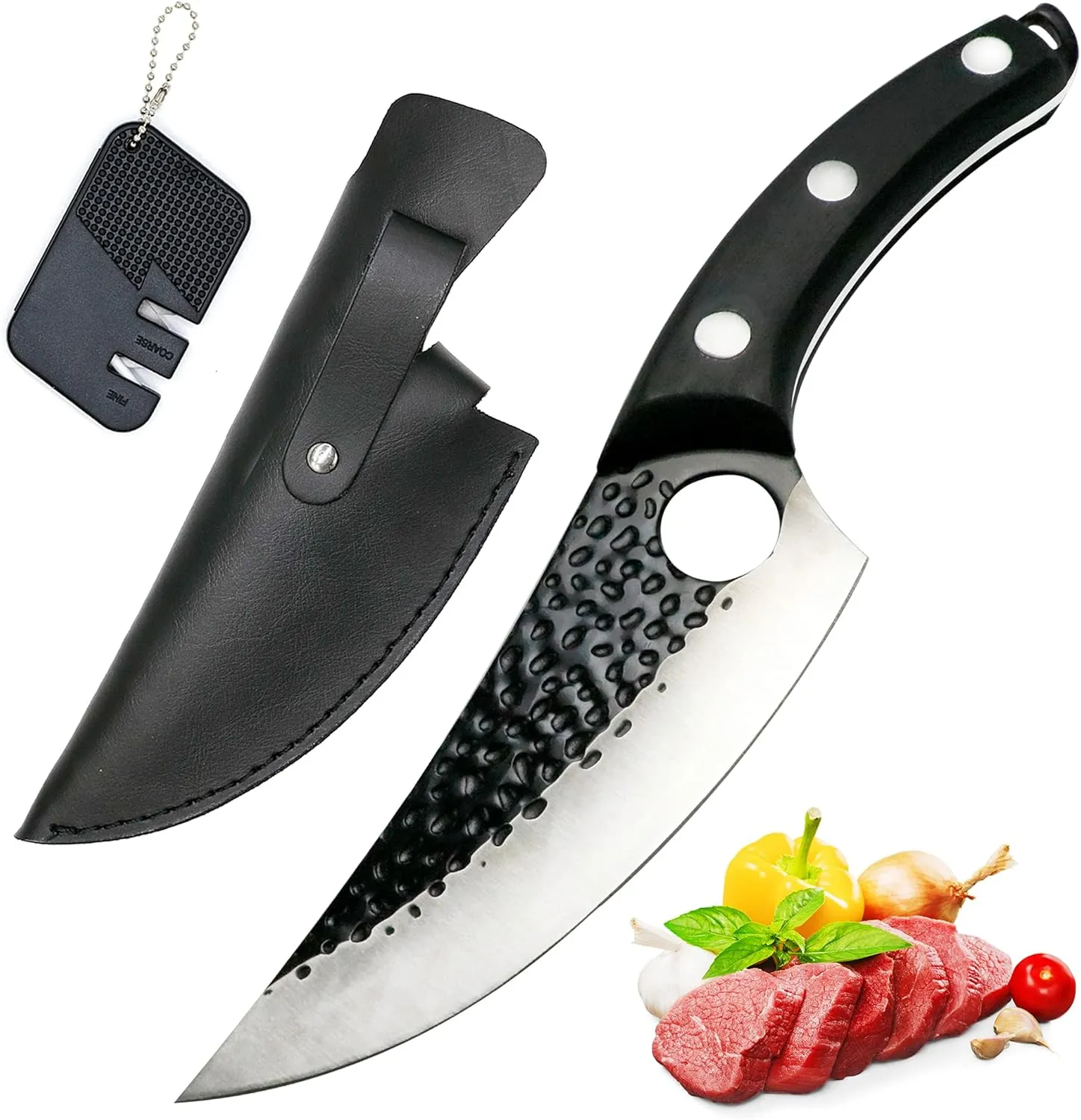Viking Knife Hand Forged Boning Knife with Sheath & Pocket Knife Sharpener High Carbon Steel Meat Caveman Knife Multipurpose Chef Knives for Camping, Outdoor, Deboning, BBQ