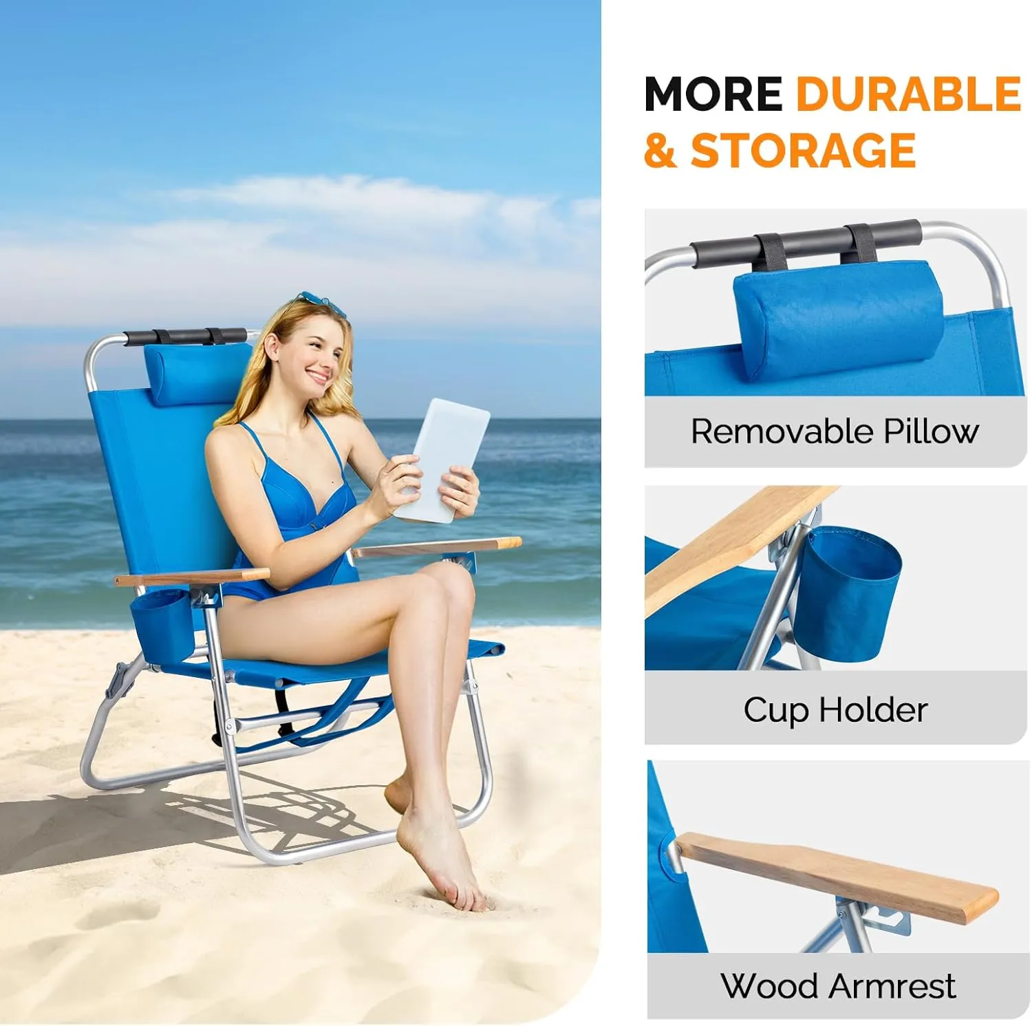 VINGLI 13" Aluminum Backpack Beach Chair – Tall Beach Chairs for Adults, Portable with Adjustable Straps, 3-Position Reclining, Cup Holder, High Lightweight Beach Chairs for Beach，Camping, Picnic