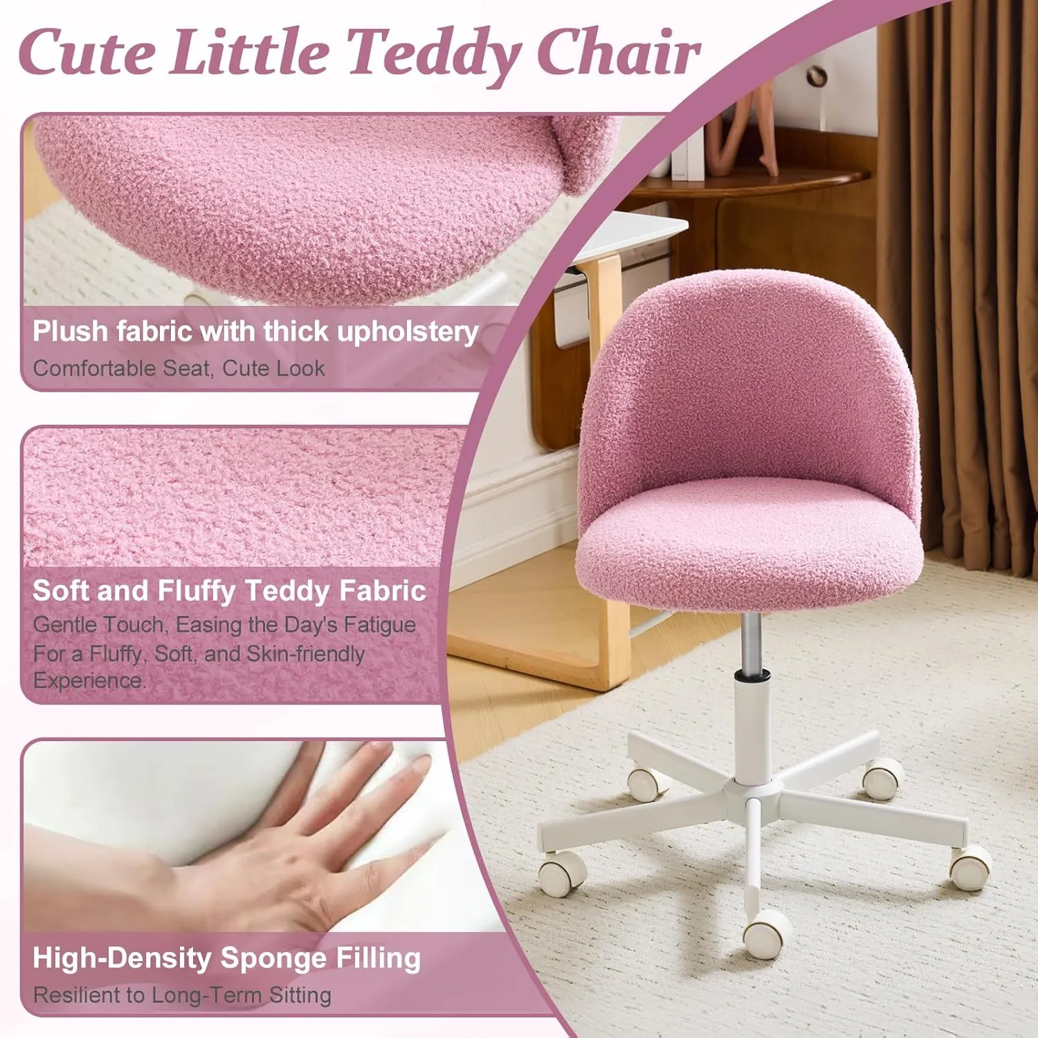 VINGLI Candy Chair Armless Cute Desk Chair,Comfy Small Office Chair with Wheels,Vanity Chair Lumbar Support,Teddy Adjustable Rolling Swivel Computer Task Chair for Home Office,Bedroom,Lilac Purple
