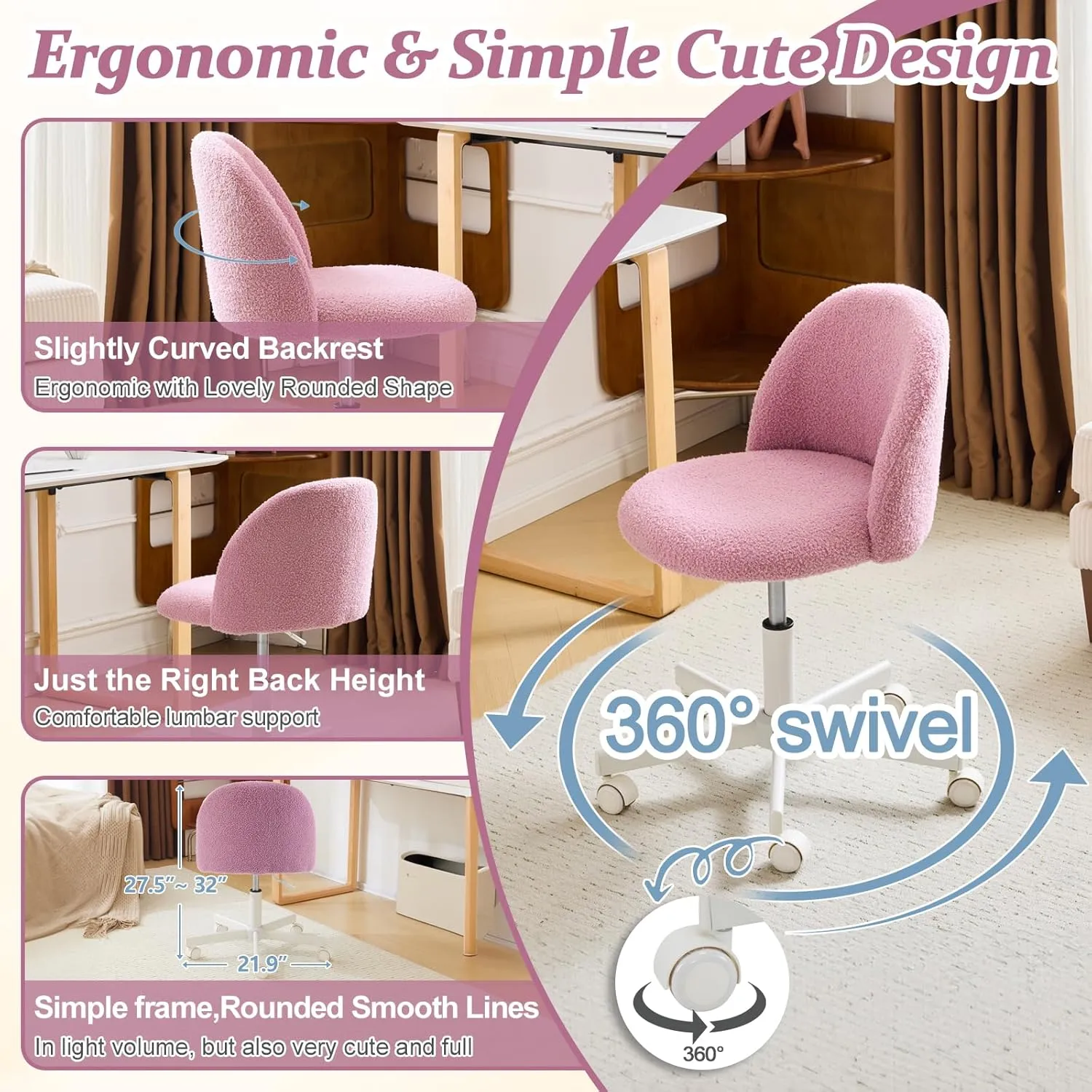 VINGLI Candy Chair Armless Cute Desk Chair,Comfy Small Office Chair with Wheels,Vanity Chair Lumbar Support,Teddy Adjustable Rolling Swivel Computer Task Chair for Home Office,Bedroom,Lilac Purple