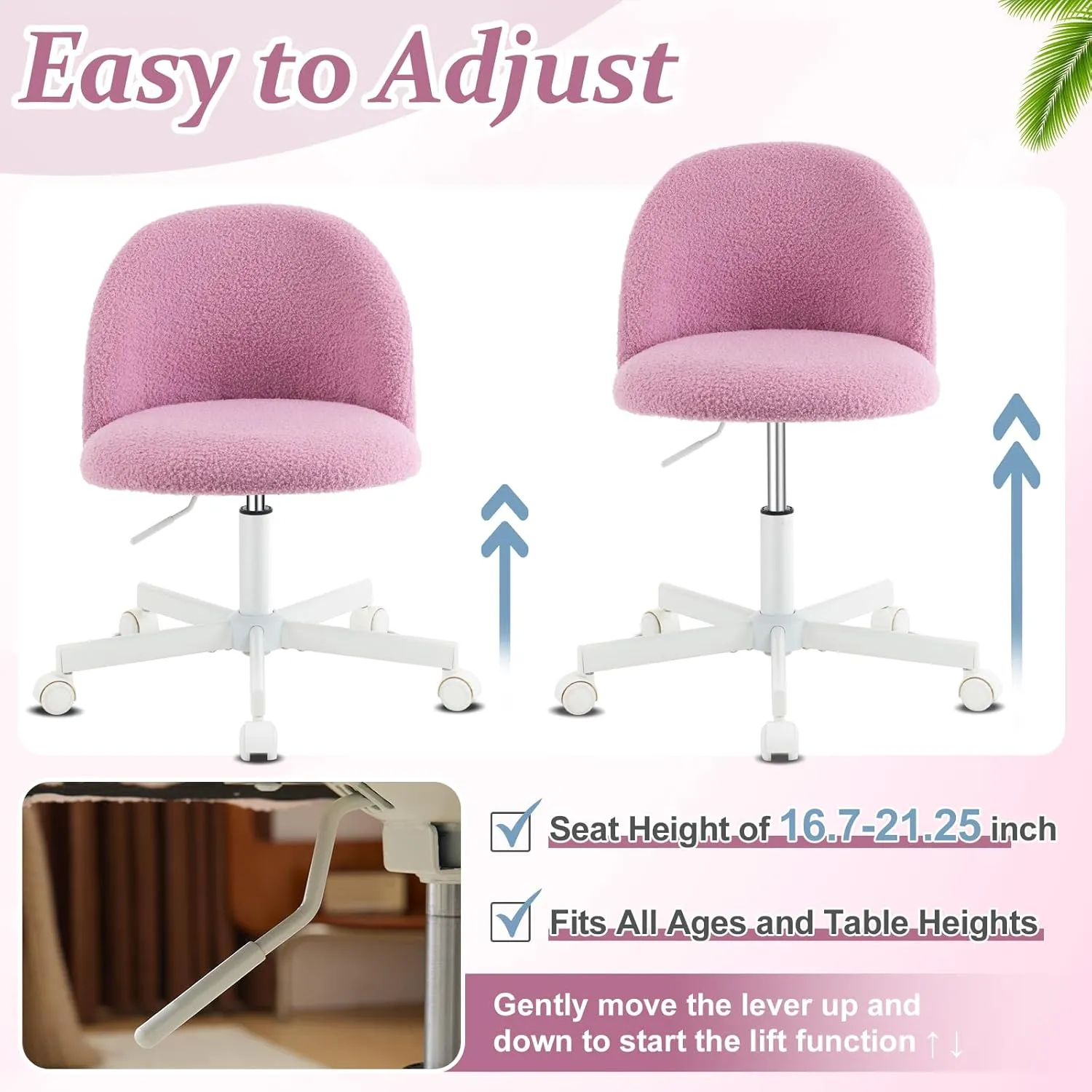 VINGLI Candy Chair Armless Cute Desk Chair,Comfy Small Office Chair with Wheels,Vanity Chair Lumbar Support,Teddy Adjustable Rolling Swivel Computer Task Chair for Home Office,Bedroom,Lilac Purple
