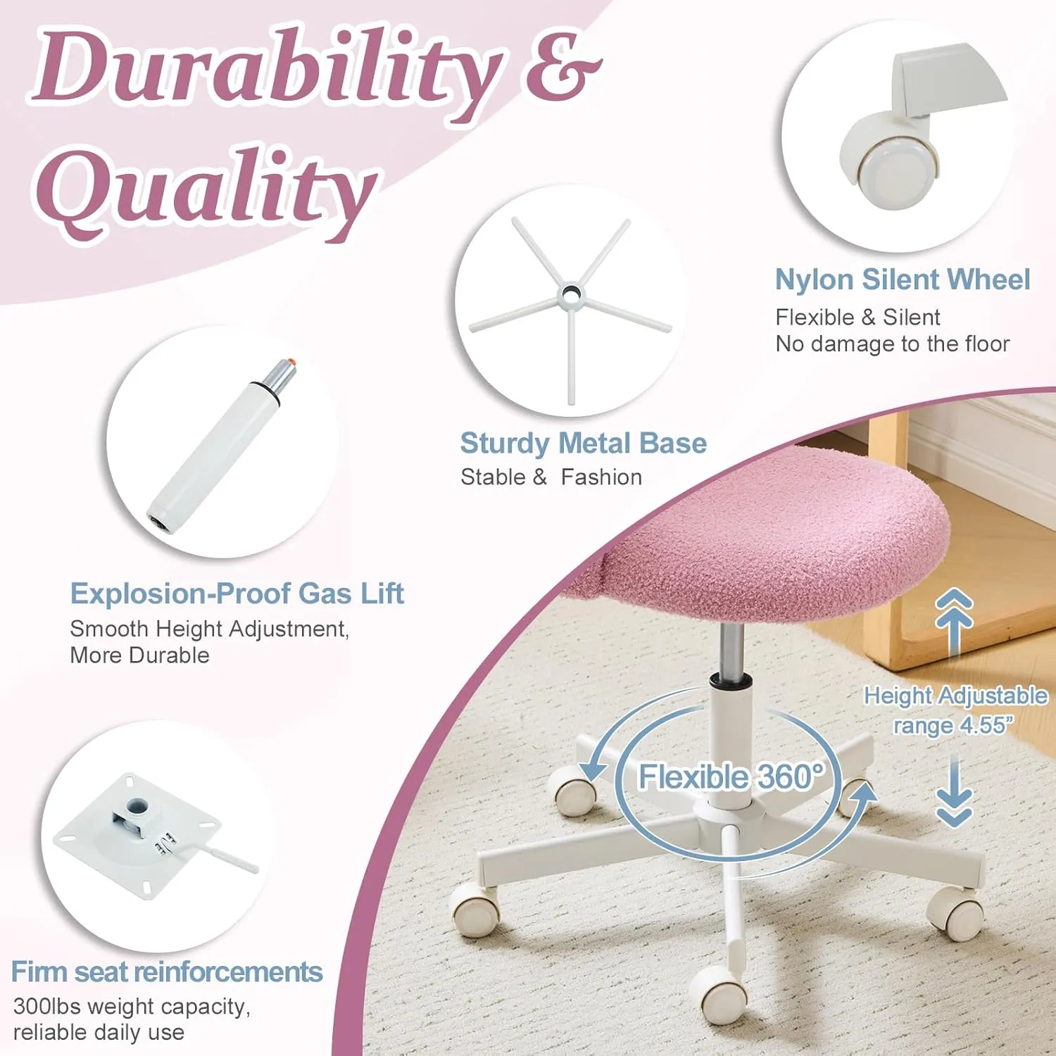 VINGLI Candy Chair Armless Cute Desk Chair,Comfy Small Office Chair with Wheels,Vanity Chair Lumbar Support,Teddy Adjustable Rolling Swivel Computer Task Chair for Home Office,Bedroom,Lilac Purple