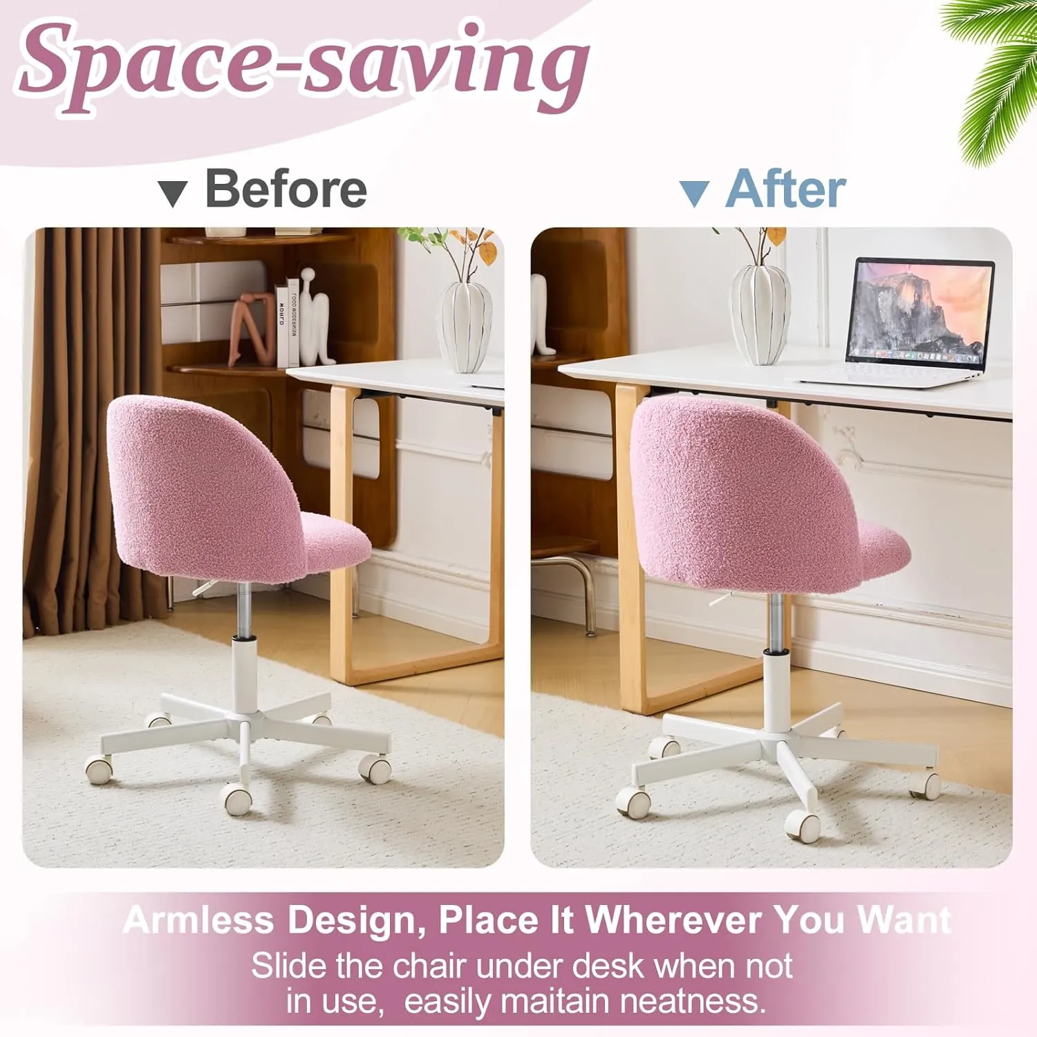 VINGLI Candy Chair Armless Cute Desk Chair,Comfy Small Office Chair with Wheels,Vanity Chair Lumbar Support,Teddy Adjustable Rolling Swivel Computer Task Chair for Home Office,Bedroom,Lilac Purple
