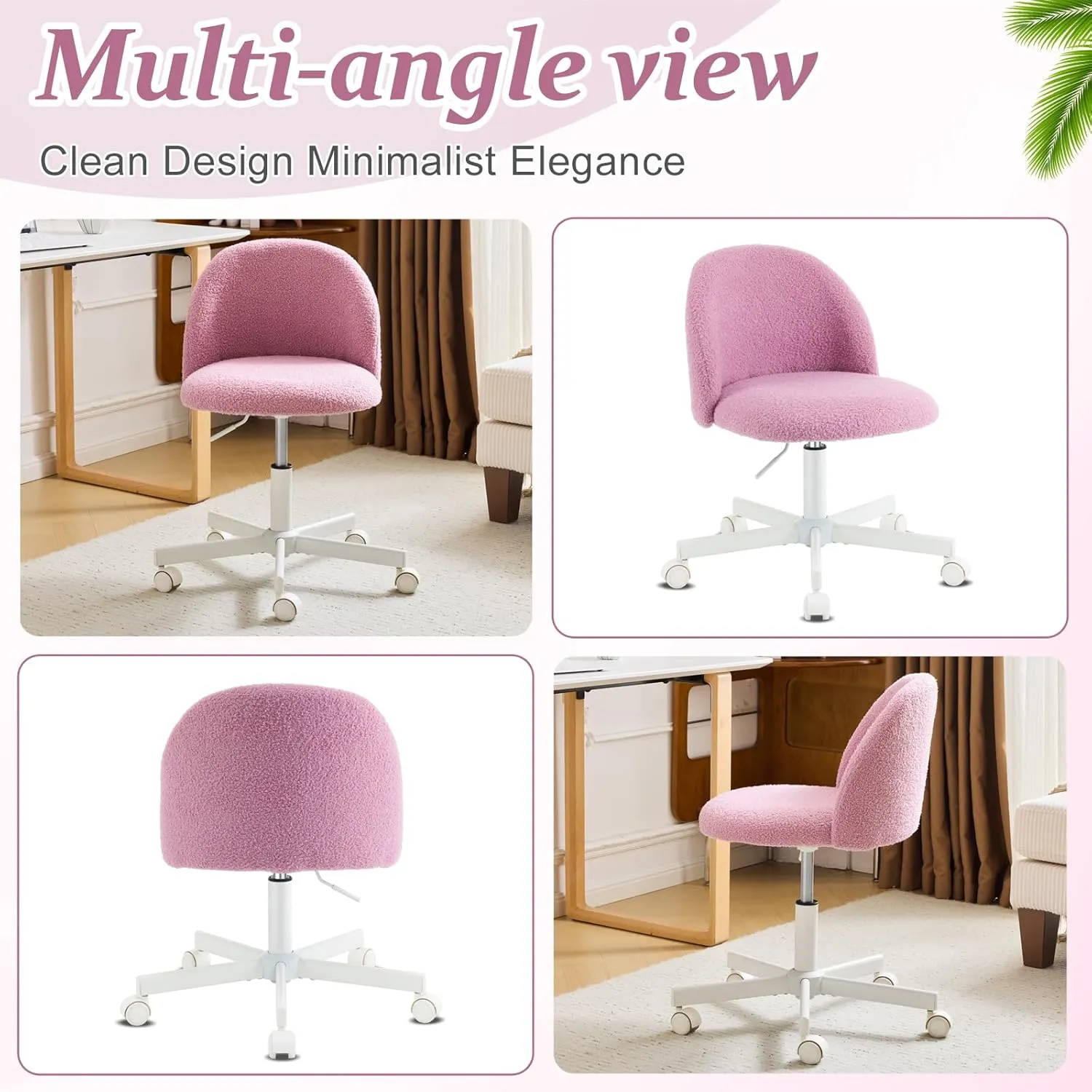 VINGLI Candy Chair Armless Cute Desk Chair,Comfy Small Office Chair with Wheels,Vanity Chair Lumbar Support,Teddy Adjustable Rolling Swivel Computer Task Chair for Home Office,Bedroom,Lilac Purple