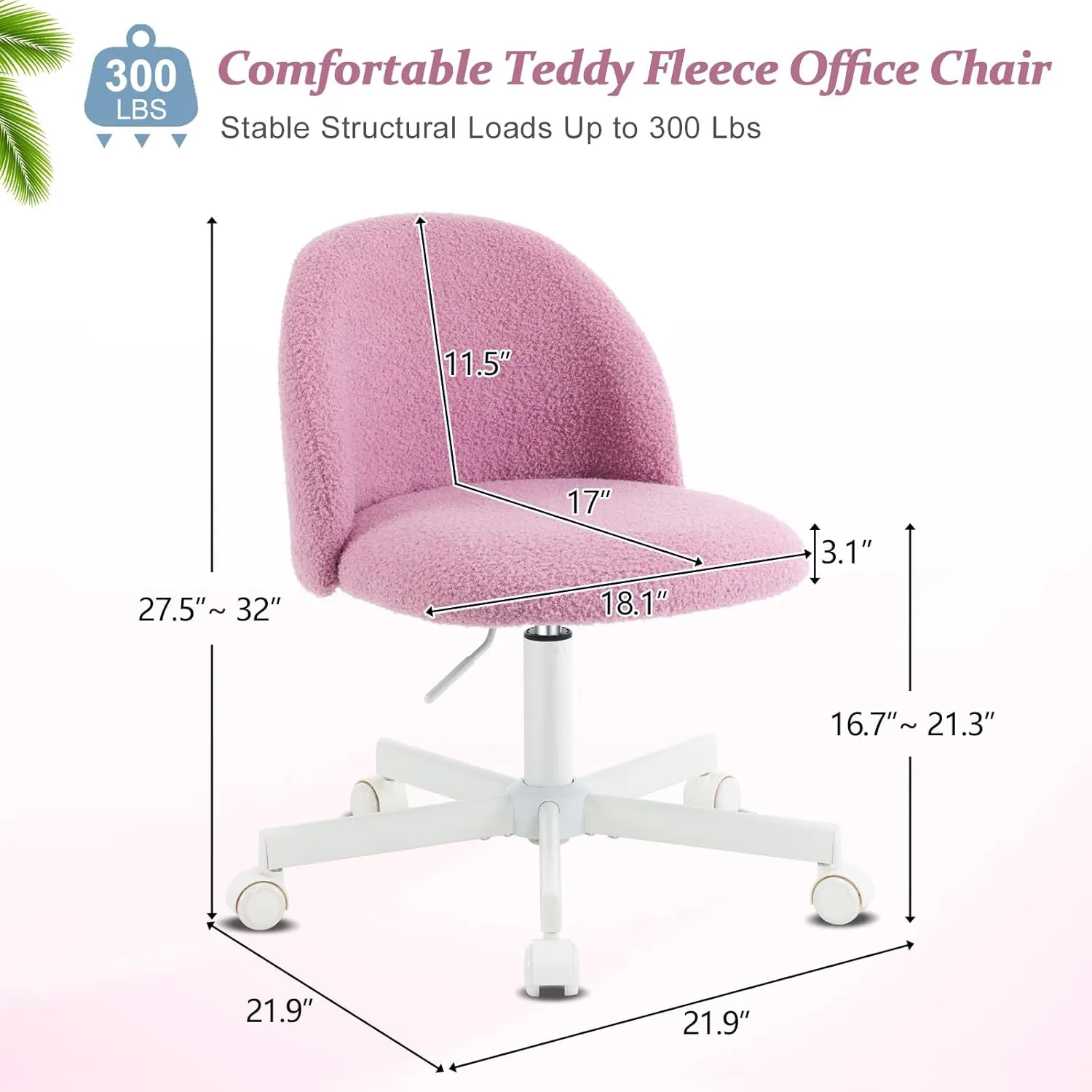 VINGLI Candy Chair Armless Cute Desk Chair,Comfy Small Office Chair with Wheels,Vanity Chair Lumbar Support,Teddy Adjustable Rolling Swivel Computer Task Chair for Home Office,Bedroom,Lilac Purple