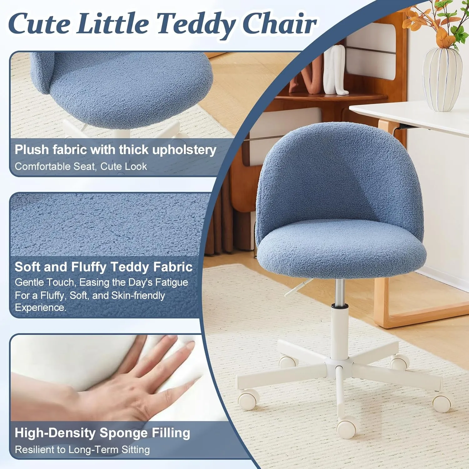 VINGLI Cute Candy Chair Armless Comfy Small Office Desk Vanity Chair with Wheels & Lumbar Support,Teddy Adjustable Rolling Swivel Computer Task Ch for Home Office,Bedroom,Fog Blue