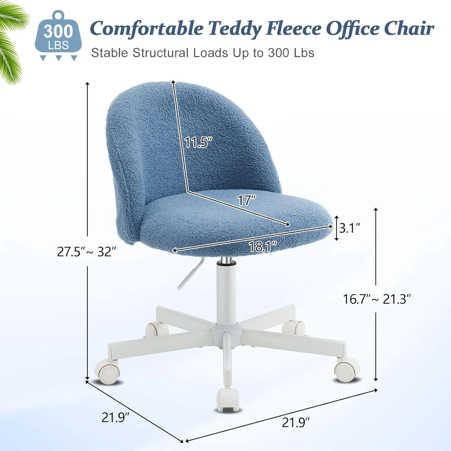 VINGLI Cute Candy Chair Armless Comfy Small Office Desk Vanity Chair with Wheels & Lumbar Support,Teddy Adjustable Rolling Swivel Computer Task Ch for Home Office,Bedroom,Fog Blue