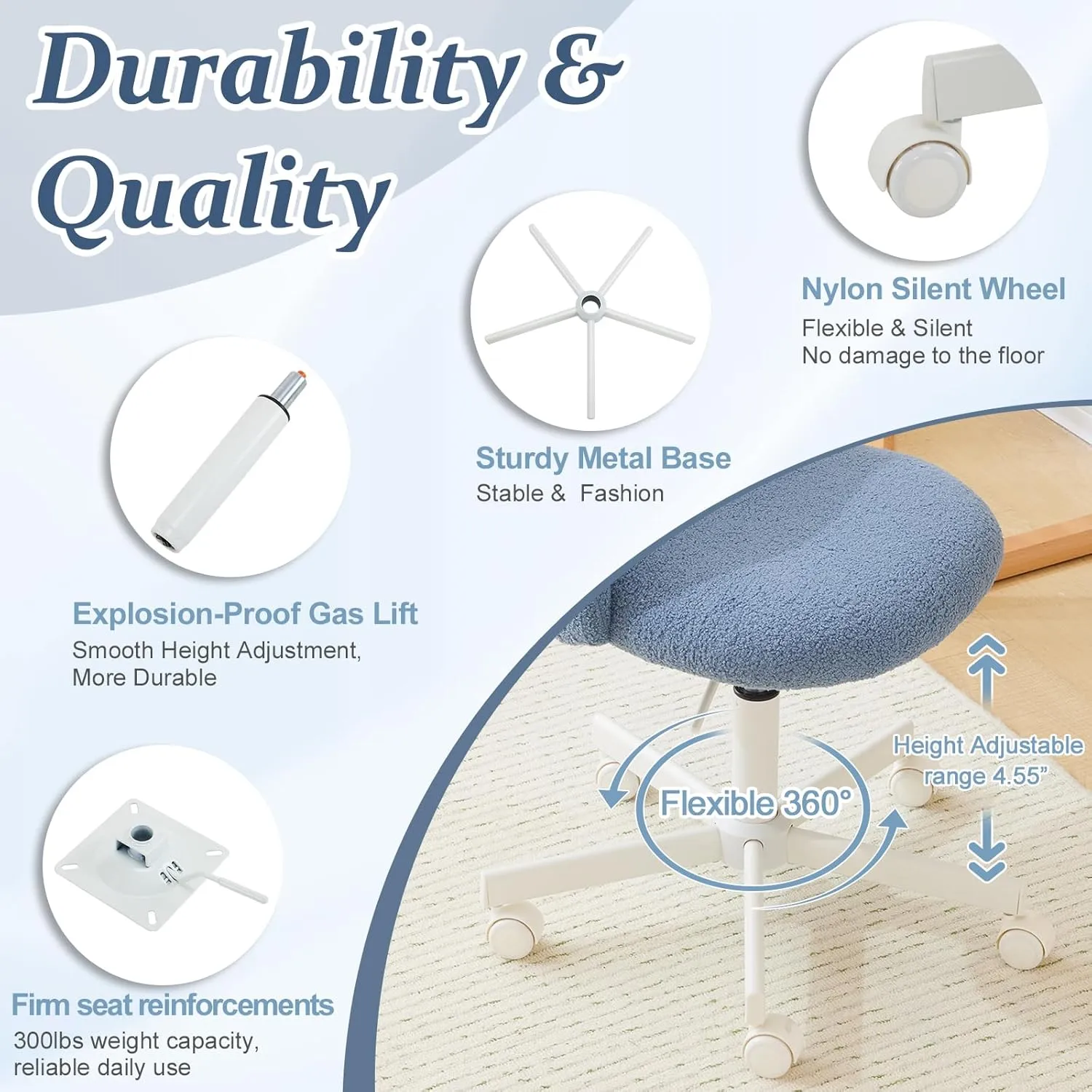 VINGLI Cute Candy Chair Armless Comfy Small Office Desk Vanity Chair with Wheels & Lumbar Support,Teddy Adjustable Rolling Swivel Computer Task Ch for Home Office,Bedroom,Fog Blue
