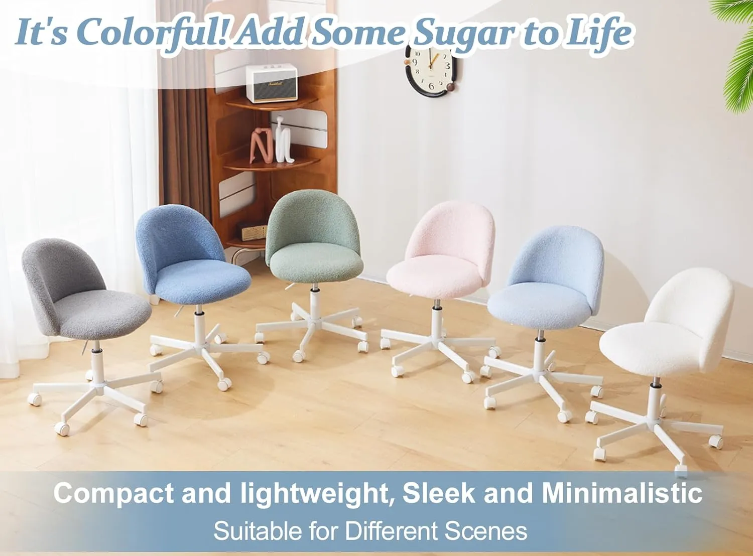 VINGLI Cute Candy Chair Armless Comfy Small Office Desk Vanity Chair with Wheels & Lumbar Support,Teddy Adjustable Rolling Swivel Computer Task Ch for Home Office,Bedroom,Fog Blue