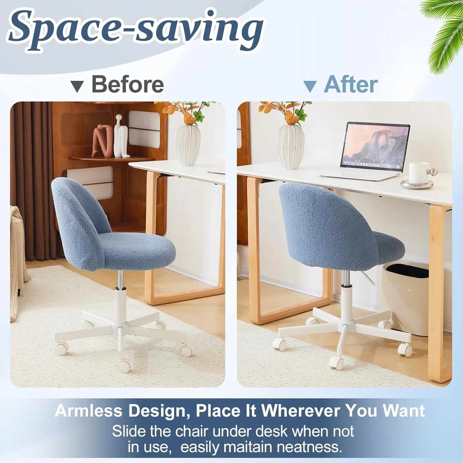 VINGLI Cute Candy Chair Armless Comfy Small Office Desk Vanity Chair with Wheels & Lumbar Support,Teddy Adjustable Rolling Swivel Computer Task Ch for Home Office,Bedroom,Fog Blue