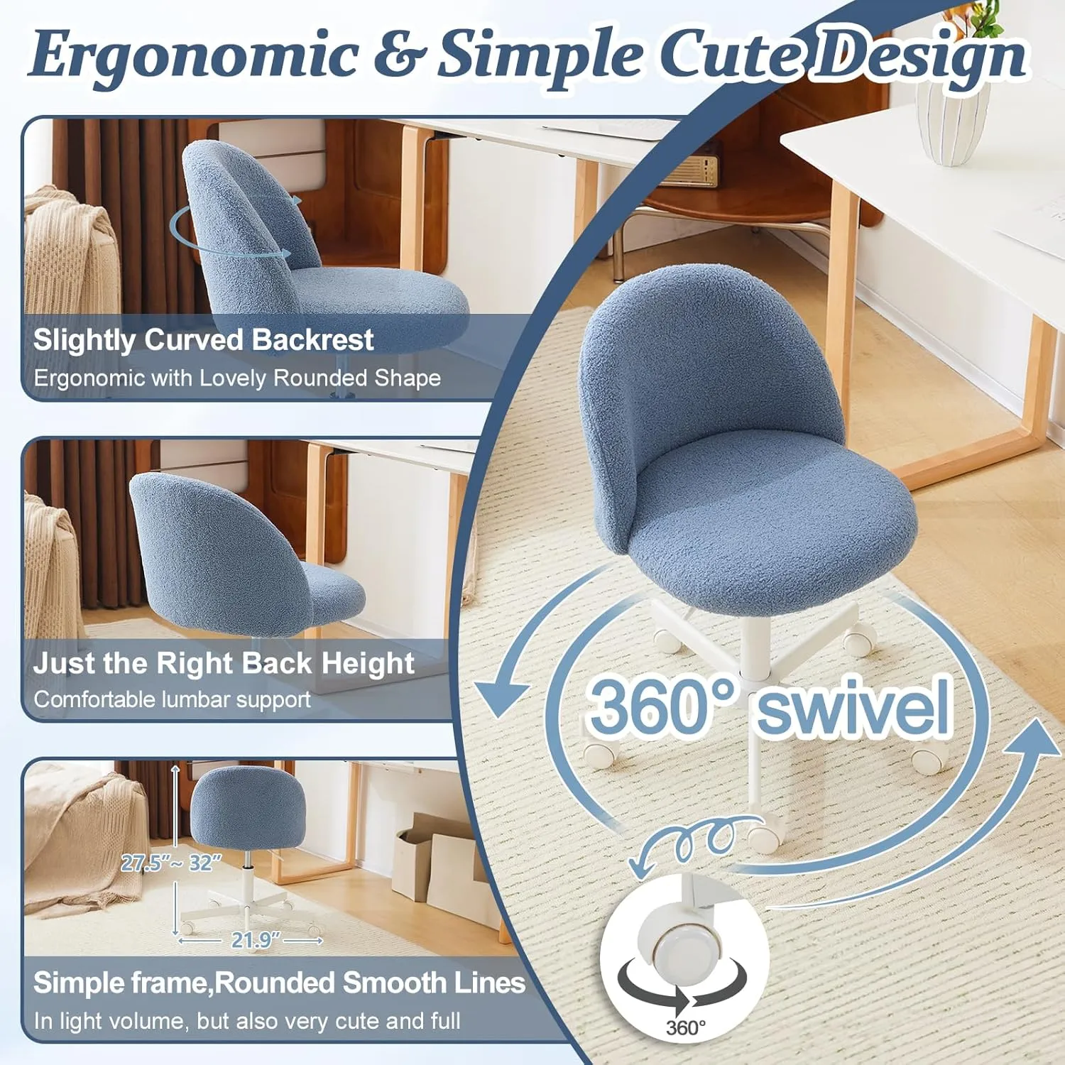 VINGLI Cute Candy Chair Armless Comfy Small Office Desk Vanity Chair with Wheels & Lumbar Support,Teddy Adjustable Rolling Swivel Computer Task Ch for Home Office,Bedroom,Fog Blue