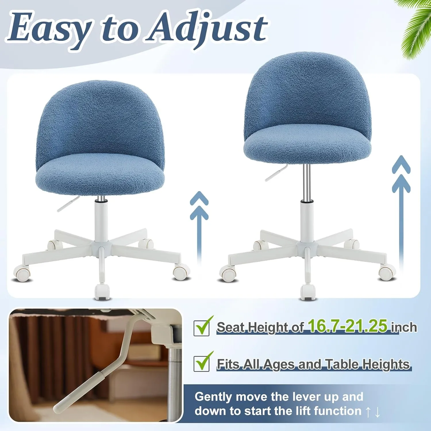 VINGLI Cute Candy Chair Armless Comfy Small Office Desk Vanity Chair with Wheels & Lumbar Support,Teddy Adjustable Rolling Swivel Computer Task Ch for Home Office,Bedroom,Fog Blue