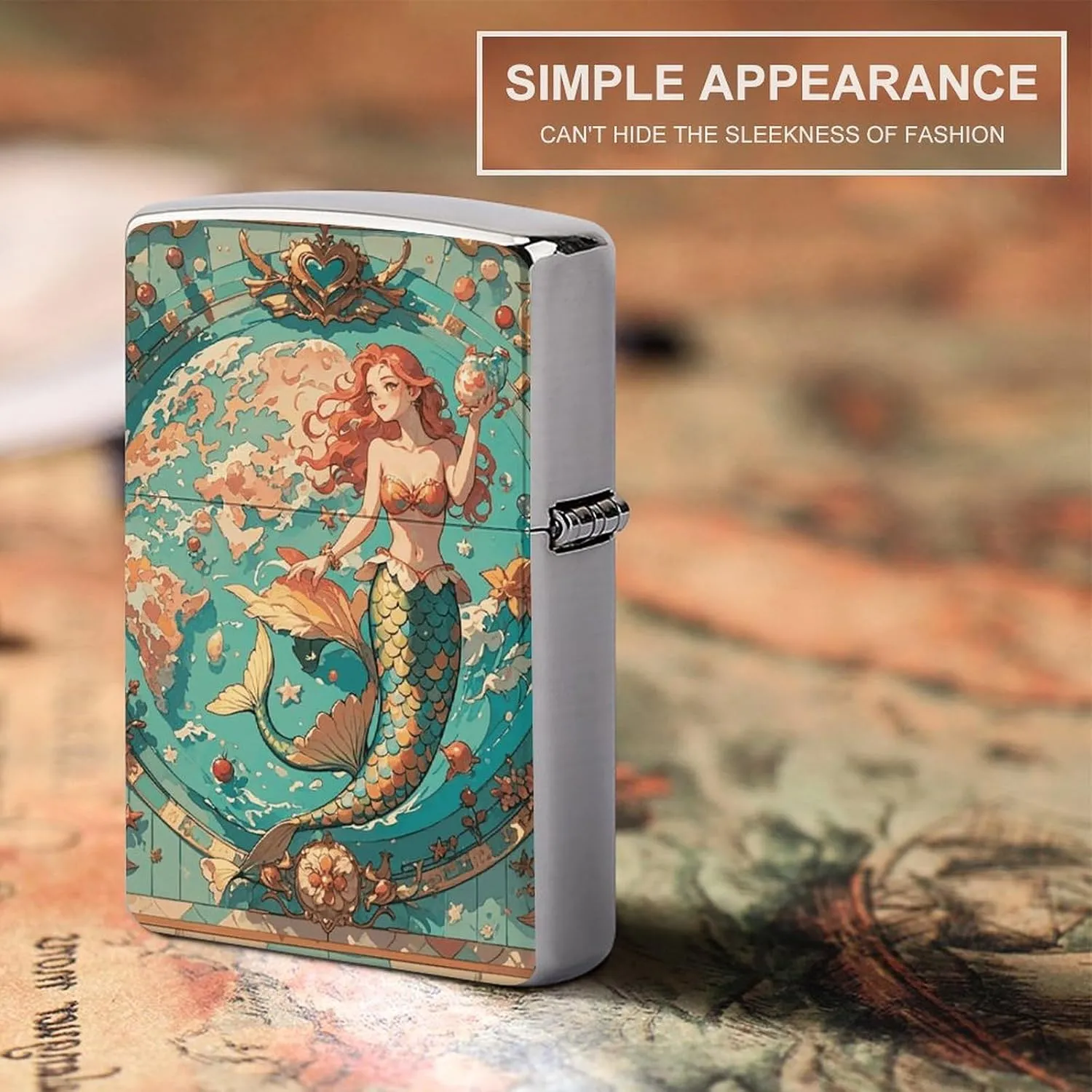 Vintage Outer Banks Map with Mermaids Lighter Case Personalized Double-Sided Lighter Cover Metal Protector Reusable Graffiti Lighters Sleeve