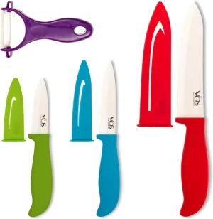 Vos Ceramic Knife Set 4 Pcs Ceramic Knives Set For Kitchen, Kitchen Knives With Peeler, Paring Knife 3", 4", 6", Inch Multi-Color Red, Blue, Green, Purple