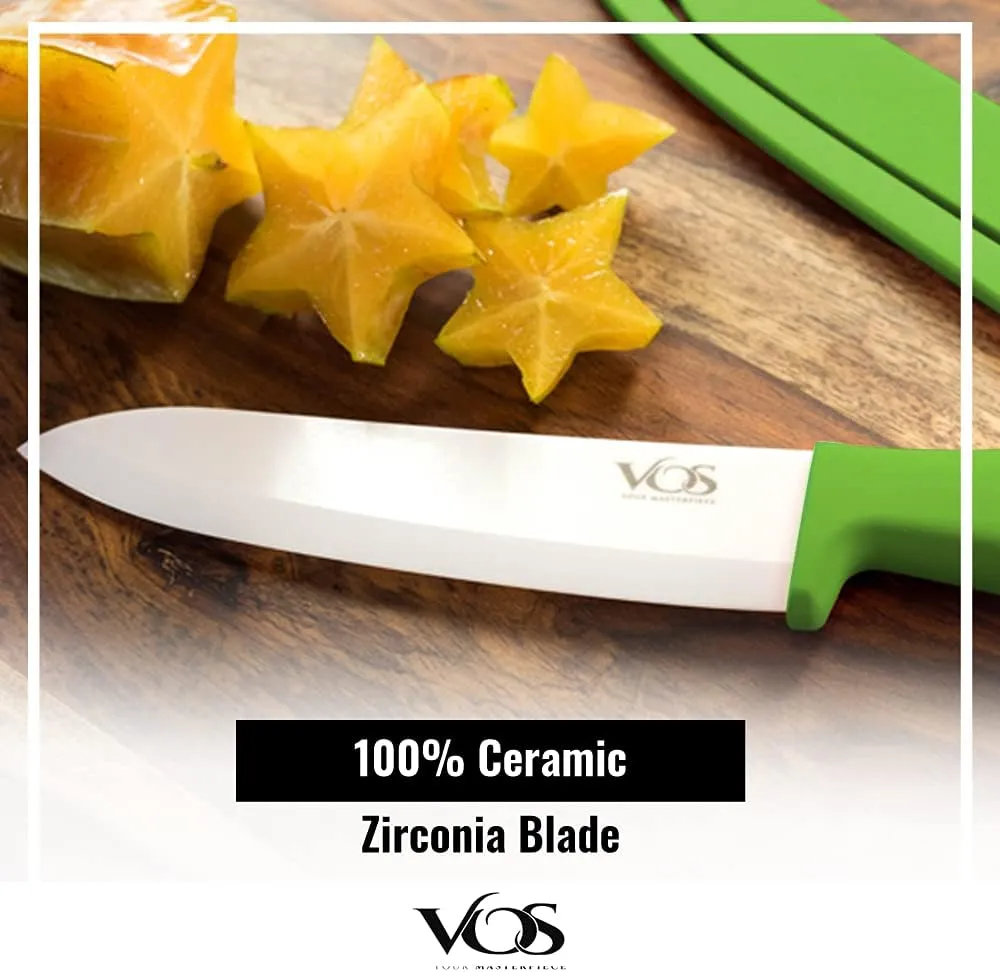 Vos Ceramic Knife Set 4 Pcs Ceramic Knives Set For Kitchen, Kitchen Knives With Peeler, Paring Knife 3", 4", 6", Inch Multi-Color Red, Blue, Green, Purple