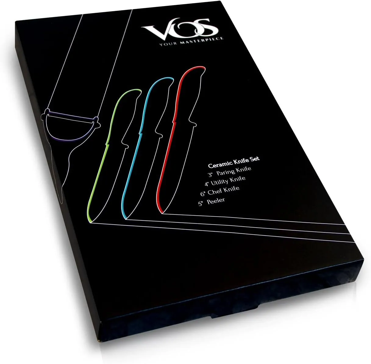 Vos Ceramic Knife Set 4 Pcs Ceramic Knives Set For Kitchen, Kitchen Knives With Peeler, Paring Knife 3", 4", 6", Inch Multi-Color Red, Blue, Green, Purple