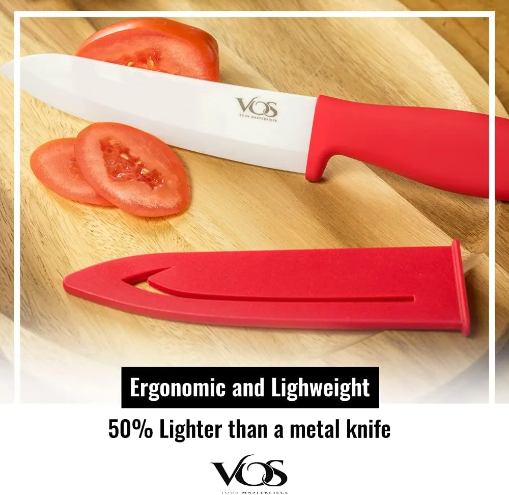 Vos Ceramic Knife Set 4 Pcs Ceramic Knives Set For Kitchen, Kitchen Knives With Peeler, Paring Knife 3", 4", 6", Inch Multi-Color Red, Blue, Green, Purple