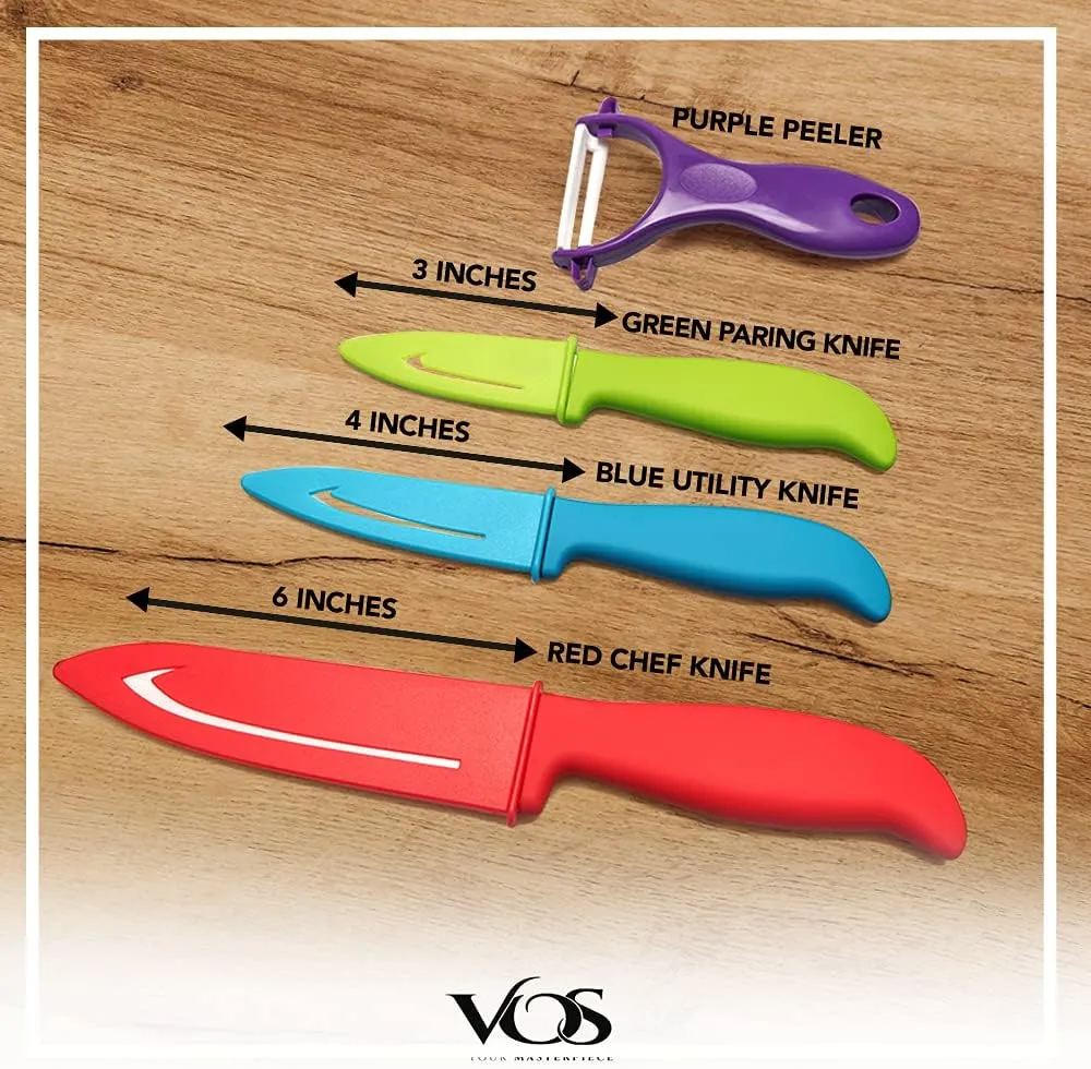 Vos Ceramic Knife Set 4 Pcs Ceramic Knives Set For Kitchen, Kitchen Knives With Peeler, Paring Knife 3", 4", 6", Inch Multi-Color Red, Blue, Green, Purple