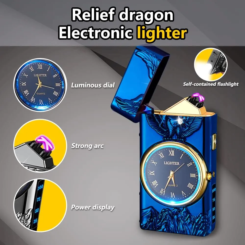 Watch Electric Dual Arc Plasma Lighter, USB Rechargeable With Battery Display, Clock & Flashlight - Unique Gift for Men and Women (Eagle Blue)