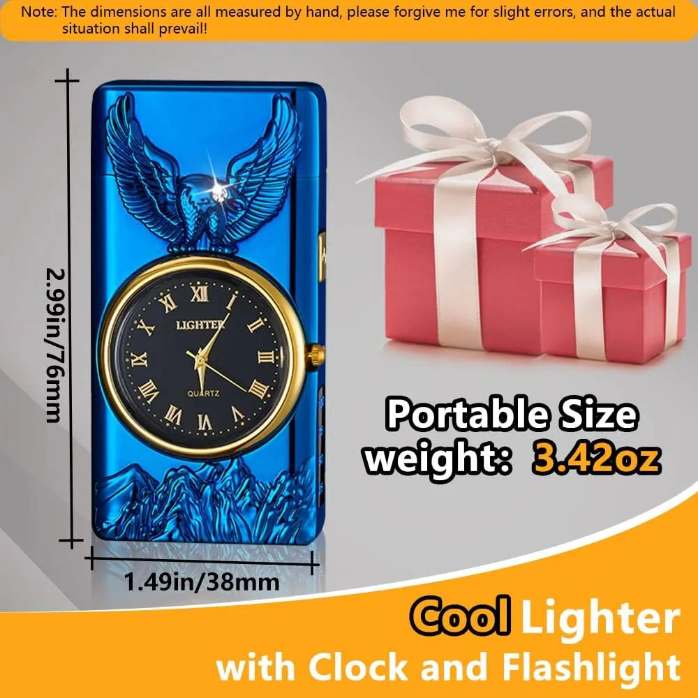 Watch Electric Dual Arc Plasma Lighter, USB Rechargeable With Battery Display, Clock & Flashlight - Unique Gift for Men and Women (Eagle Blue)