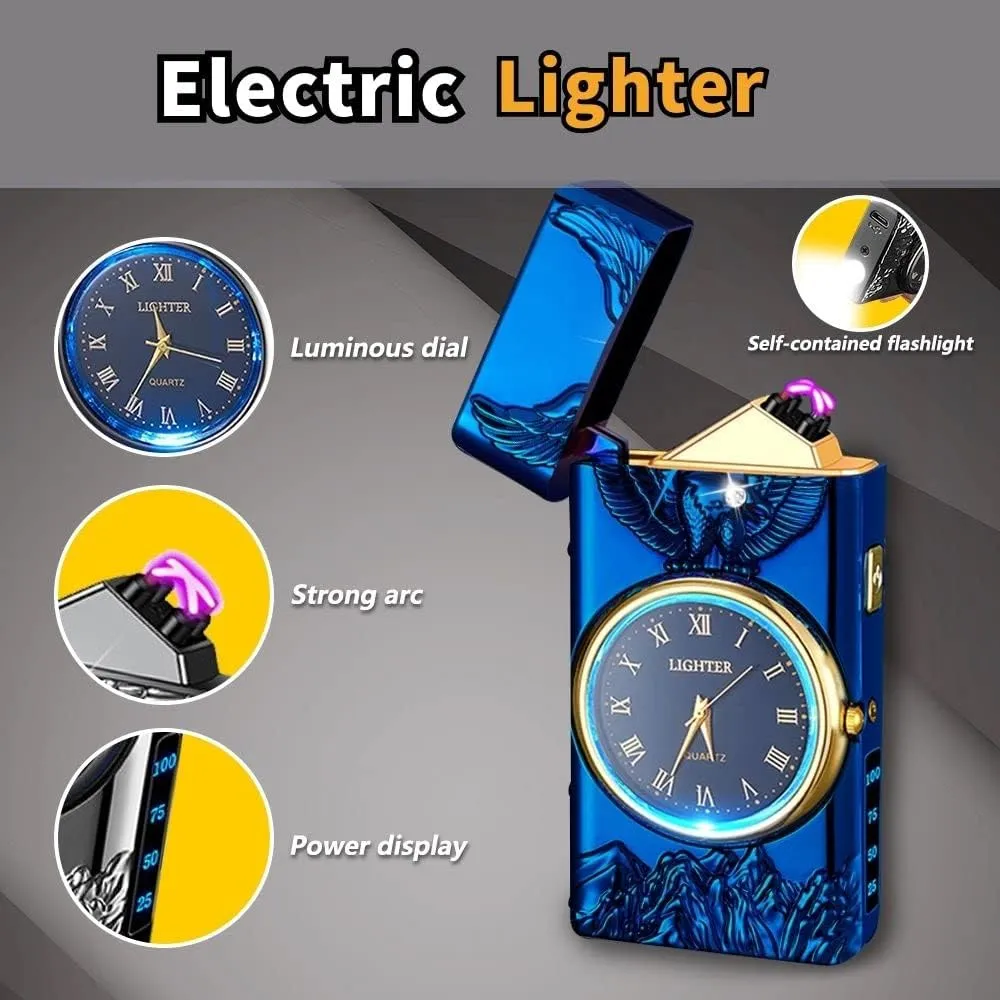 Watch Electric Dual Arc Plasma Lighter, USB Rechargeable With Battery Display, Clock & Flashlight - Unique Gift for Men and Women (Eagle Blue)