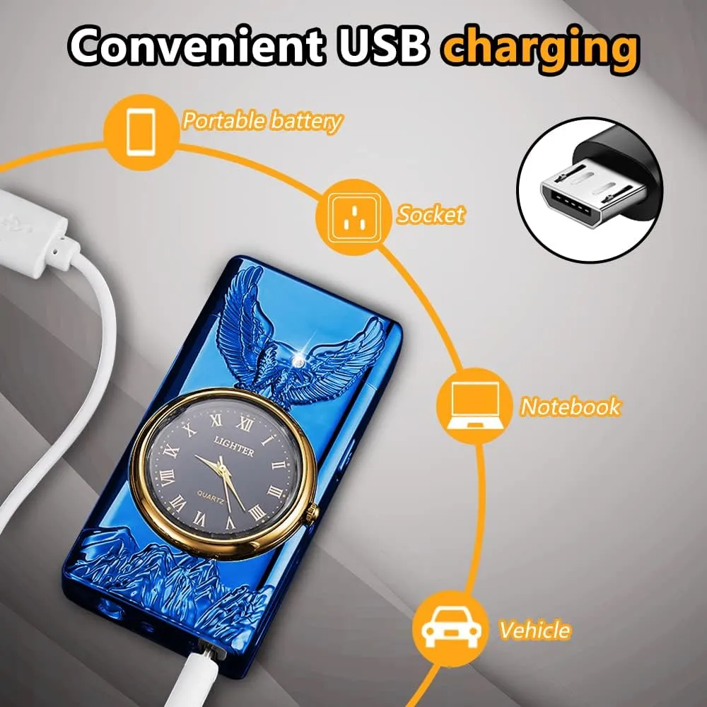 Watch Electric Dual Arc Plasma Lighter, USB Rechargeable With Battery Display, Clock & Flashlight - Unique Gift for Men and Women (Eagle Blue)