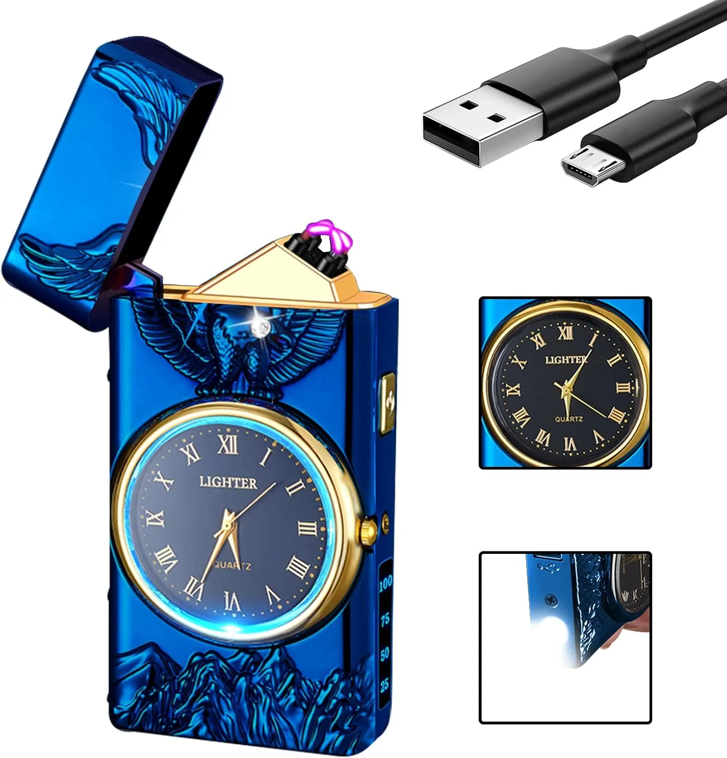 Watch Electric Dual Arc Plasma Lighter, USB Rechargeable With Battery Display, Clock & Flashlight - Unique Gift for Men and Women (Eagle Blue)
