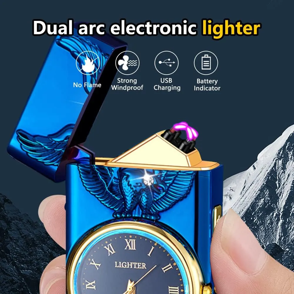 Watch Electric Dual Arc Plasma Lighter, USB Rechargeable With Battery Display, Clock & Flashlight - Unique Gift for Men and Women (Eagle Blue)