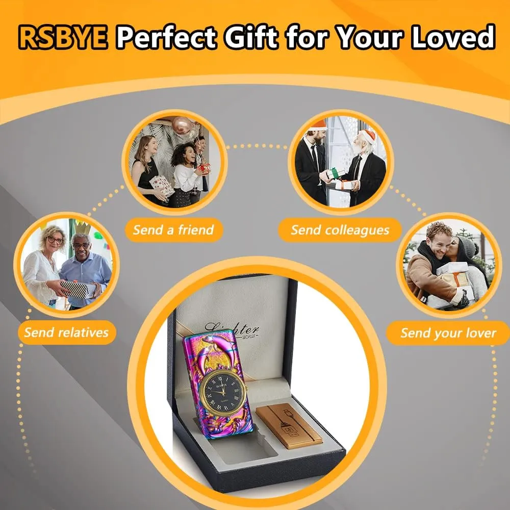 Watch Lighter, Electric Dual Arc Plasma Lighter with Clock, Flashlight and USB Rechargeable Battery for Candles, Incense, Camping, Gift for Women and Men (Dolphin Mutil)
