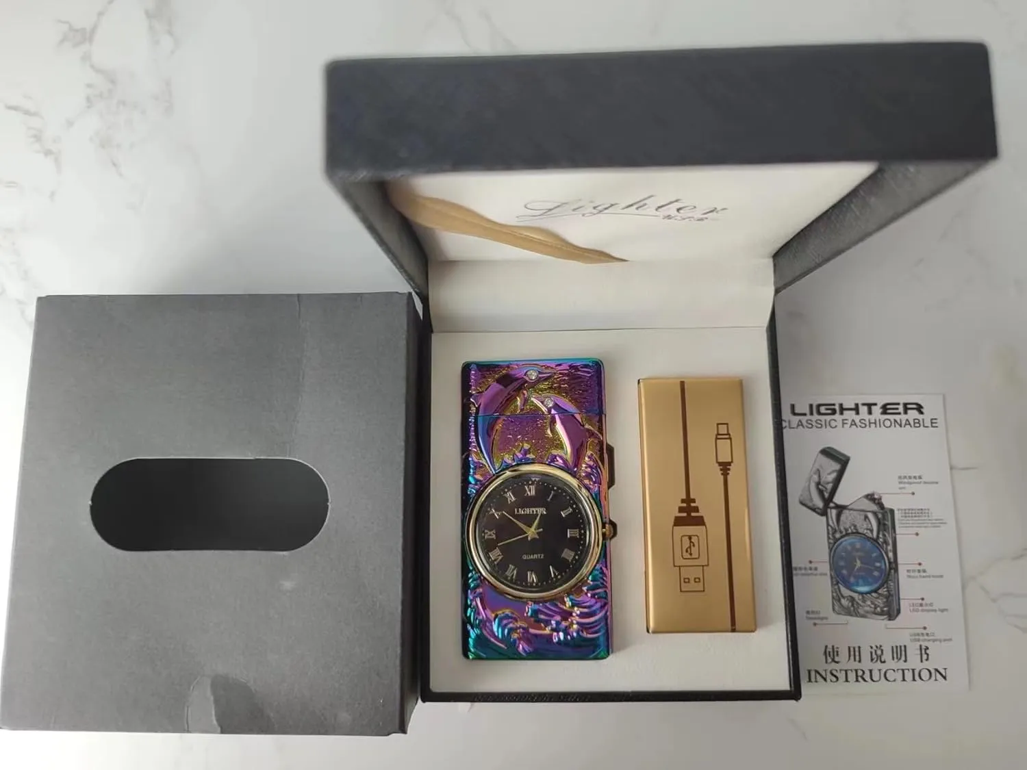 Watch Lighter, Electric Dual Arc Plasma Lighter with Clock, Flashlight and USB Rechargeable Battery for Candles, Incense, Camping, Gift for Women and Men (Dolphin Mutil)
