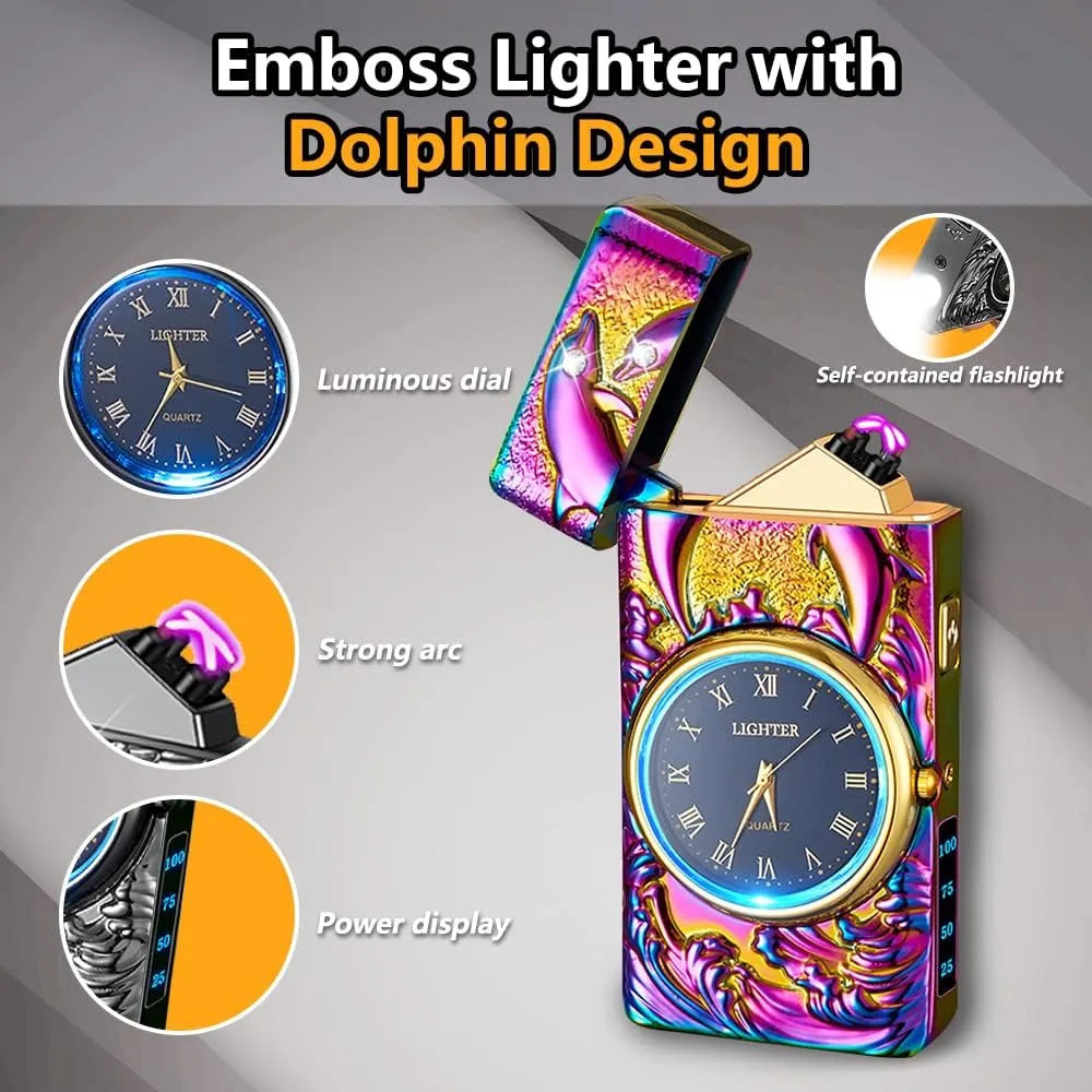 Watch Lighter, Electric Dual Arc Plasma Lighter with Clock, Flashlight and USB Rechargeable Battery for Candles, Incense, Camping, Gift for Women and Men (Dolphin Mutil)