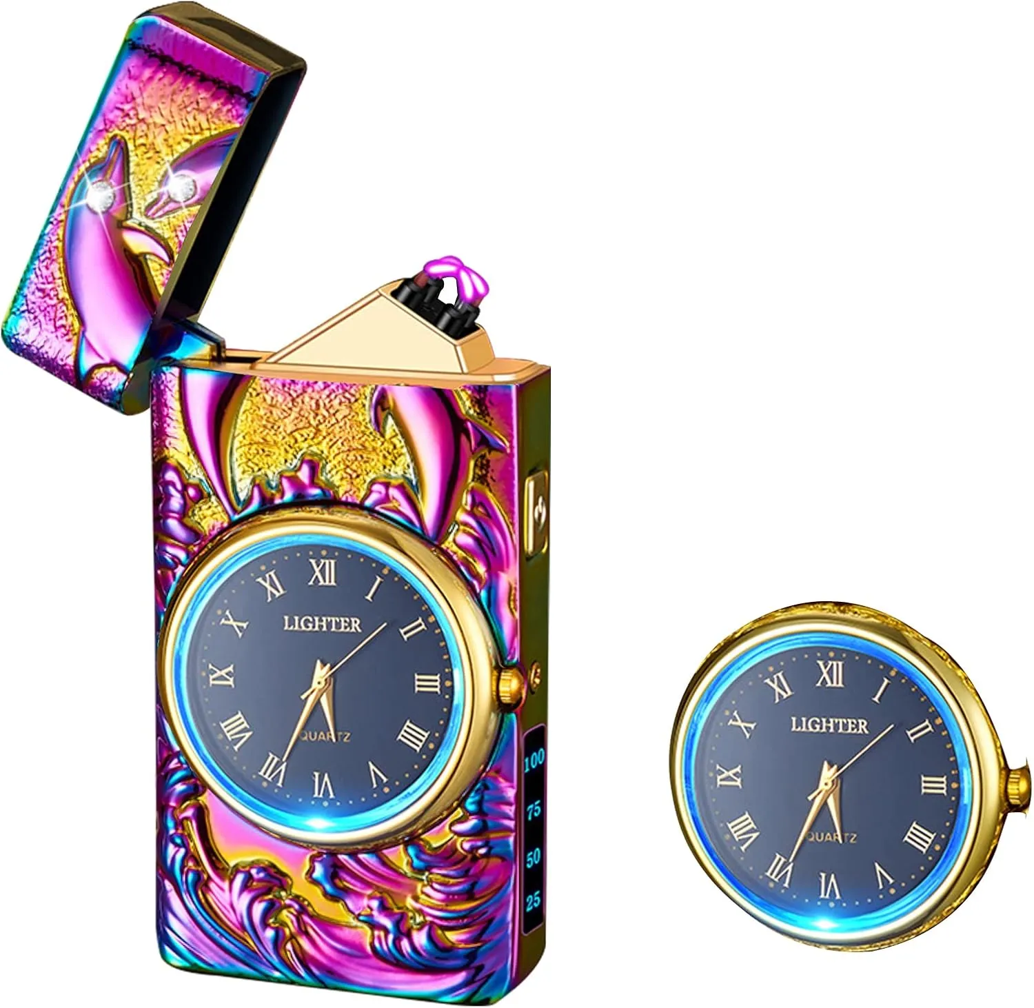 Watch Lighter, Electric Dual Arc Plasma Lighter with Clock, Flashlight and USB Rechargeable Battery for Candles, Incense, Camping, Gift for Women and Men (Dolphin Mutil)